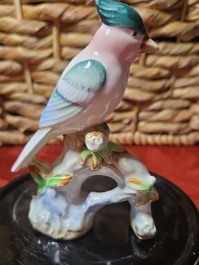 Vintage Japan Ceramic Bird Figurine in Pink and Teal